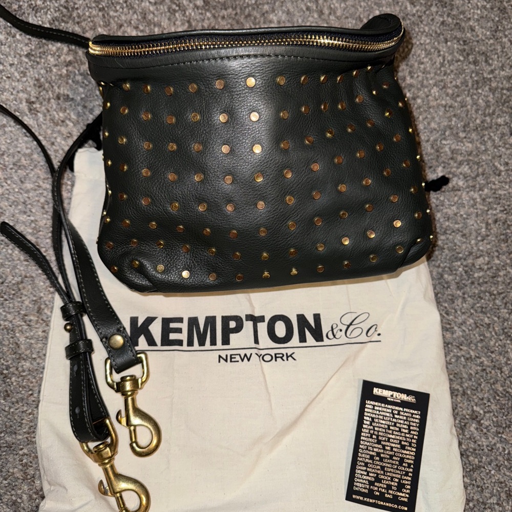 Kempton & Co. Black Leather Crossbody Bag with Gold Studs